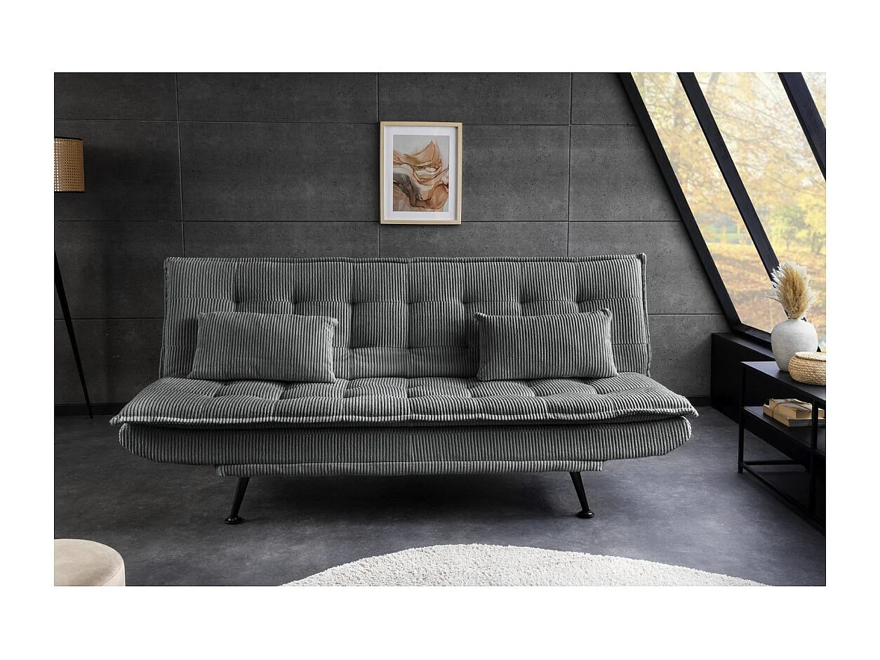 Canapé droit convertible SERENO gris foncé – Canapé-lit 3 places en velours côtelé