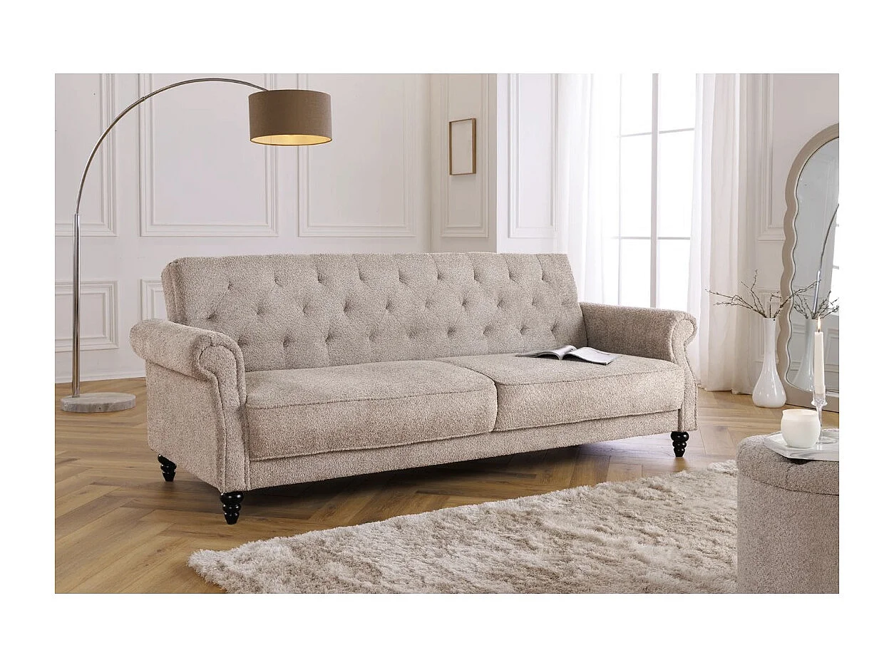 Canapé droit convertible MILES beige – Canapé classique en tissu bouclette avec structure en bois massif