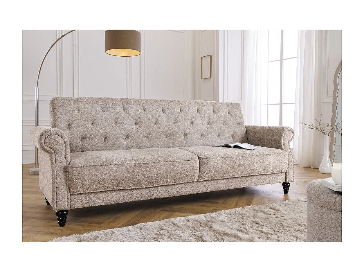 Canapé droit convertible MILES beige – Canapé classique en tissu bouclette avec structure en bois massif