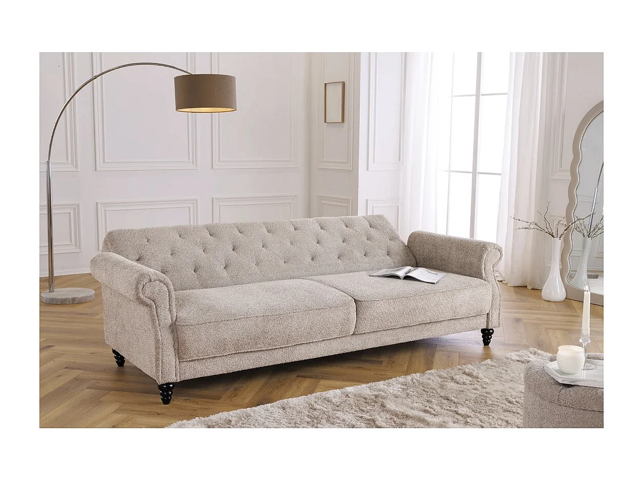 Canapé droit convertible MILES beige – Canapé classique en tissu bouclette avec structure en bois massif