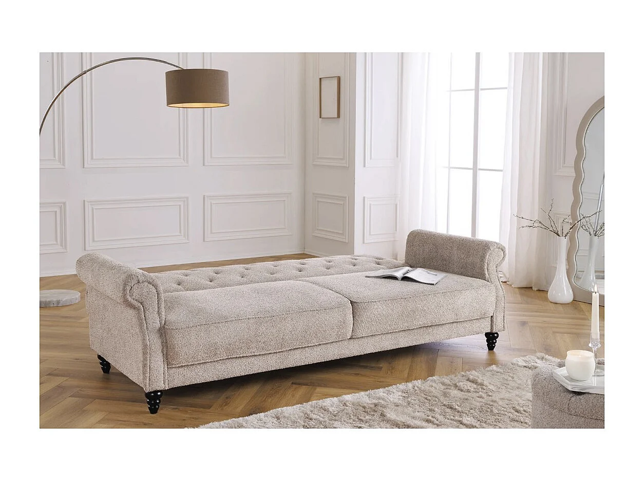 Canapé droit convertible MILES beige – Canapé classique en tissu bouclette avec structure en bois massif