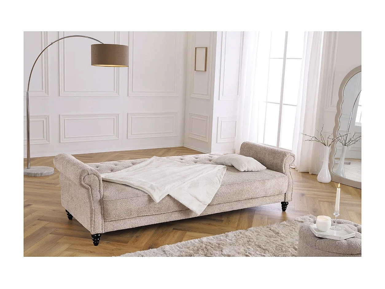 Canapé droit convertible MILES beige – Canapé classique en tissu bouclette avec structure en bois massif
