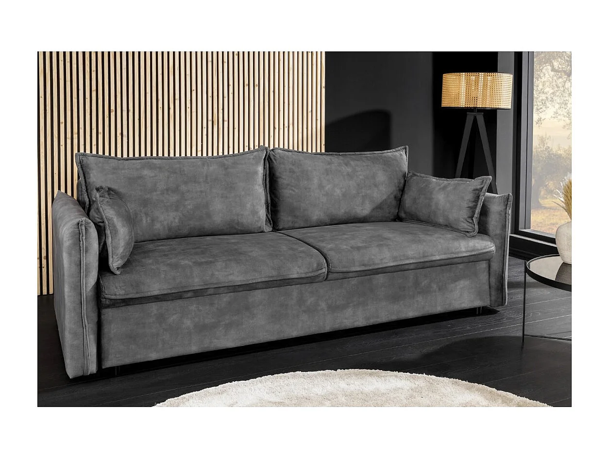 Canapé droit CALDERO gris foncé convertible avec coffre – Canapé-lit en velours doux avec rangement intégré