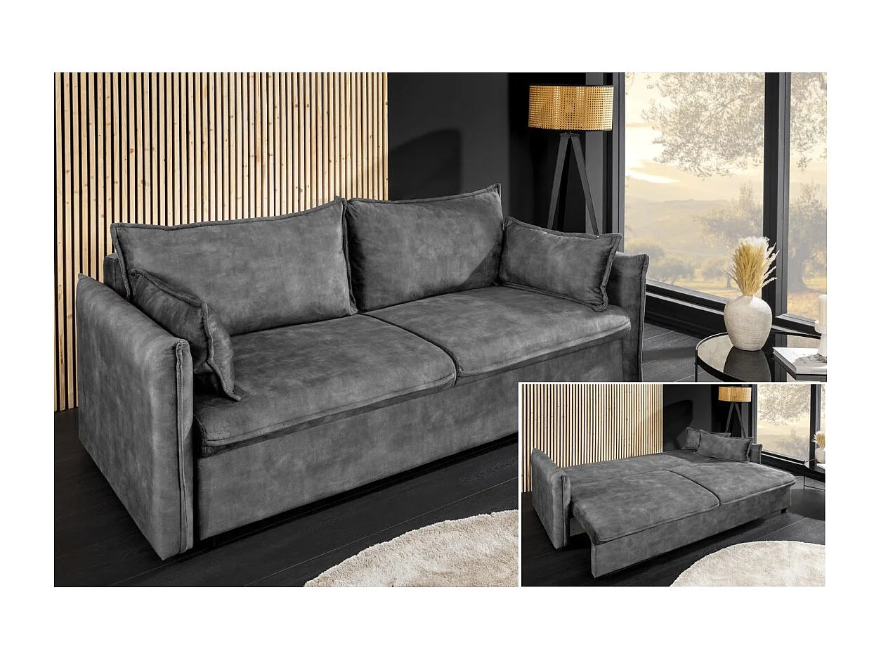 Canapé droit CALDERO gris foncé convertible avec coffre – Canapé-lit en velours doux avec rangement intégré