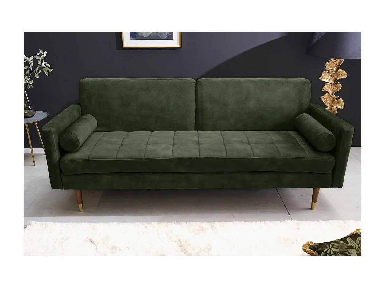 Rechte bank ATELIA donkergroen converteerbaar - Design slaapbank van fluweel met massief houten structuur