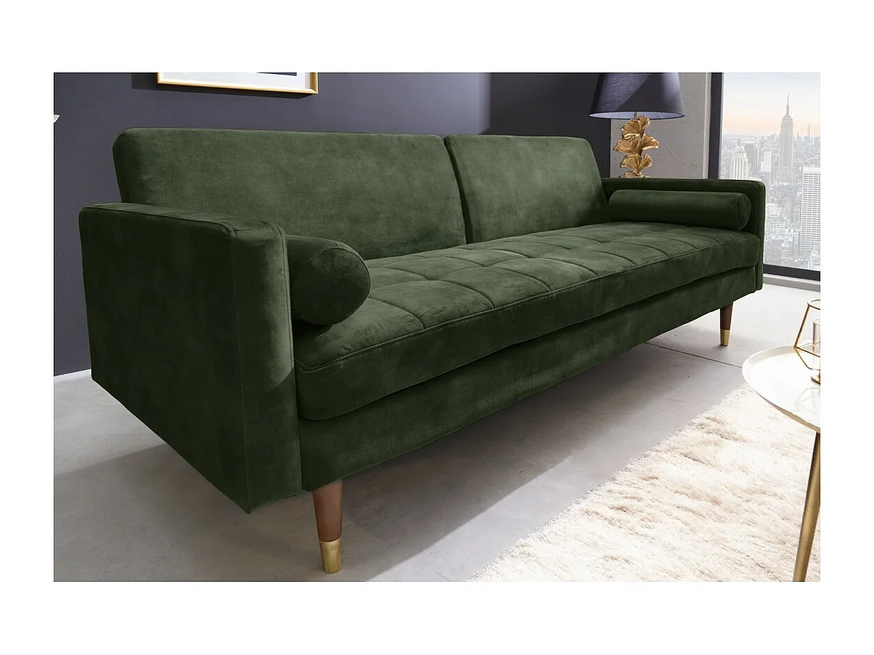 Rechte bank ATELIA donkergroen converteerbaar - Design slaapbank van fluweel met massief houten structuur