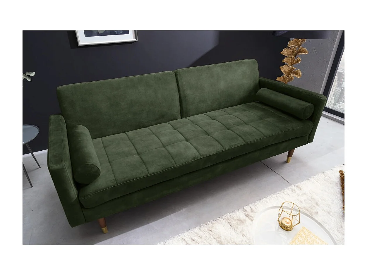 Rechte bank ATELIA donkergroen converteerbaar - Design slaapbank van fluweel met massief houten structuur