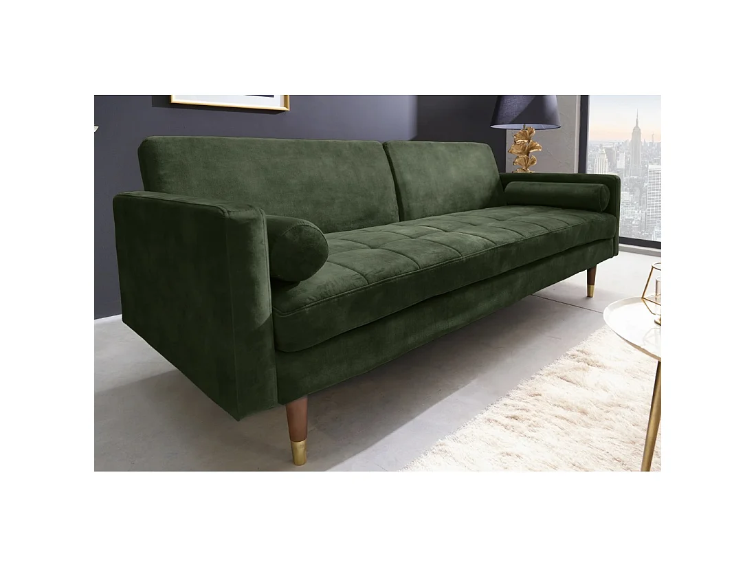Geradliniges Sofa ATELIA in dunkelgrün, umwandelbar – Design-Schlafsofa aus Samt mit Massivholzgestell