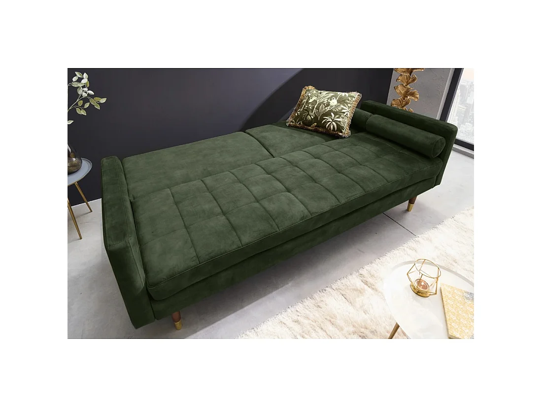 Geradliniges Sofa ATELIA in dunkelgrün, umwandelbar – Design-Schlafsofa aus Samt mit Massivholzgestell