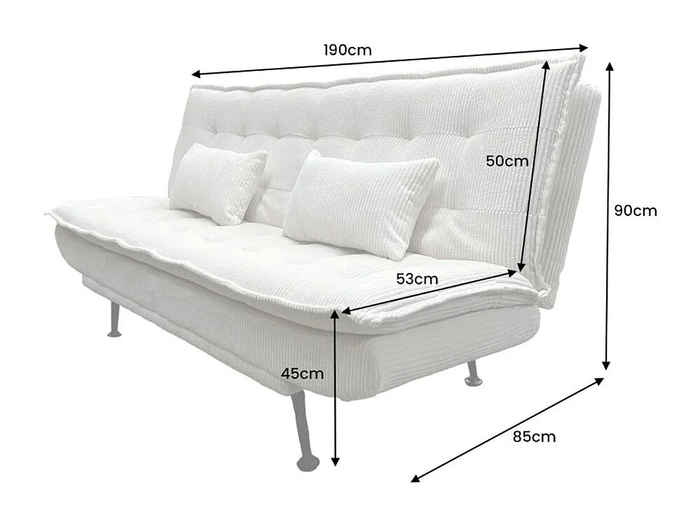 Canapé droit convertible SERENO blanc – Canapé-lit 3 places en velours côtelé