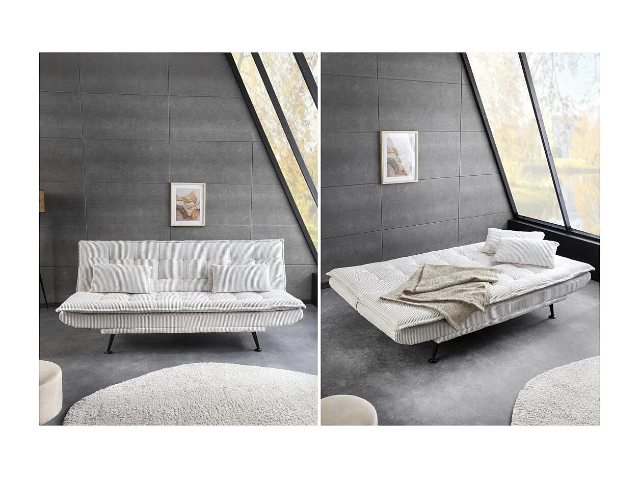 Canapé droit convertible SERENO blanc – Canapé-lit 3 places en velours côtelé