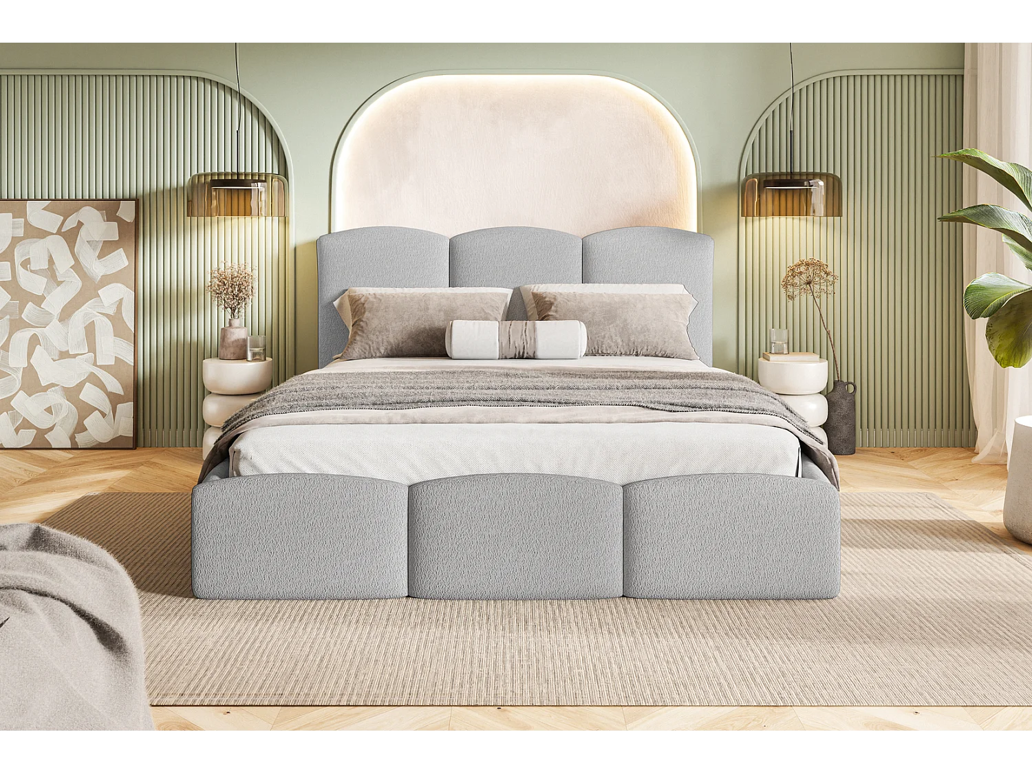 Tweepersoonsbed 140x200 Roma Slim - bed met opbergruimte, metalen lattenbodem - Bouclé Lichtgrijs (Anthology 15)