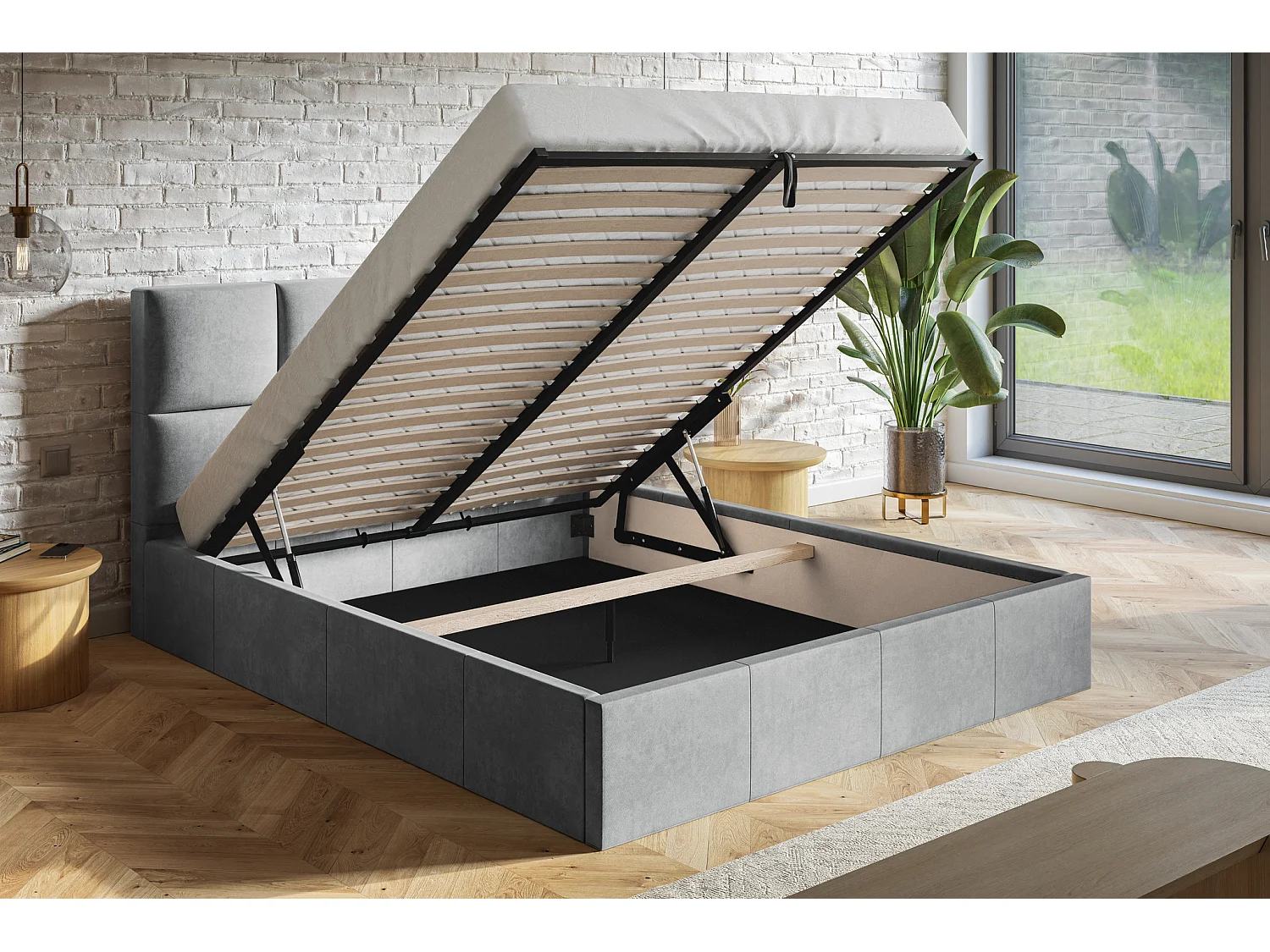 Gestoffeerd bed 140 x 200 Fado - tweepersoonsbed met opbergruimte, metalen lattenbodem - fluweel Zwart (Jasmine 100)