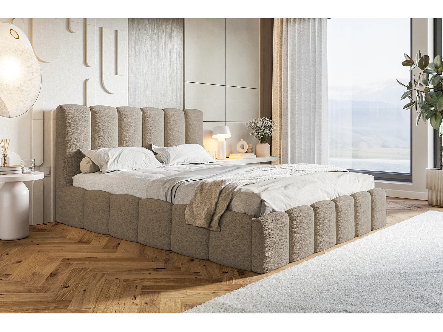 Gestoffeerd bed 140x200 Palermo met metalen lattenbodem - opbergruimte, Bouclé Bruin (Anthology 5)