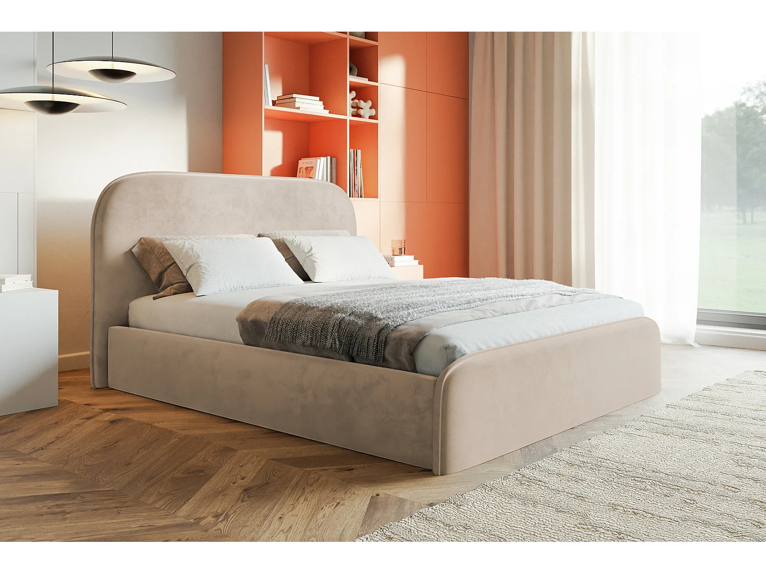 Tweepersoonsbed 140x200 Wendra met metalen lattenbodem - hoofdbord, opbergruimte - Beige (Amor Velvet 4304)