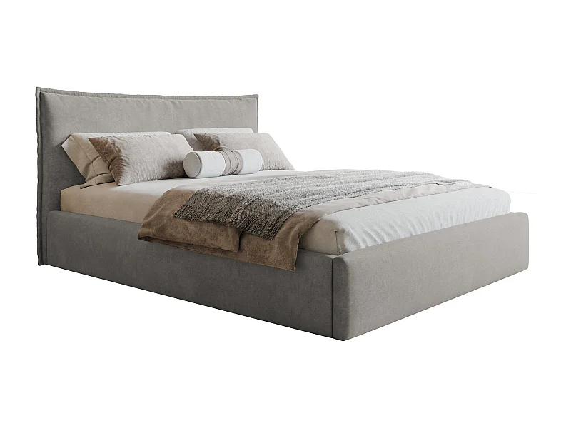 Bed 140x200 Zenito Slim met opbergruimte - hoofdbord in kussenvorm, lattenbodem - Lichtgrijs (Amor Velvet 4318)