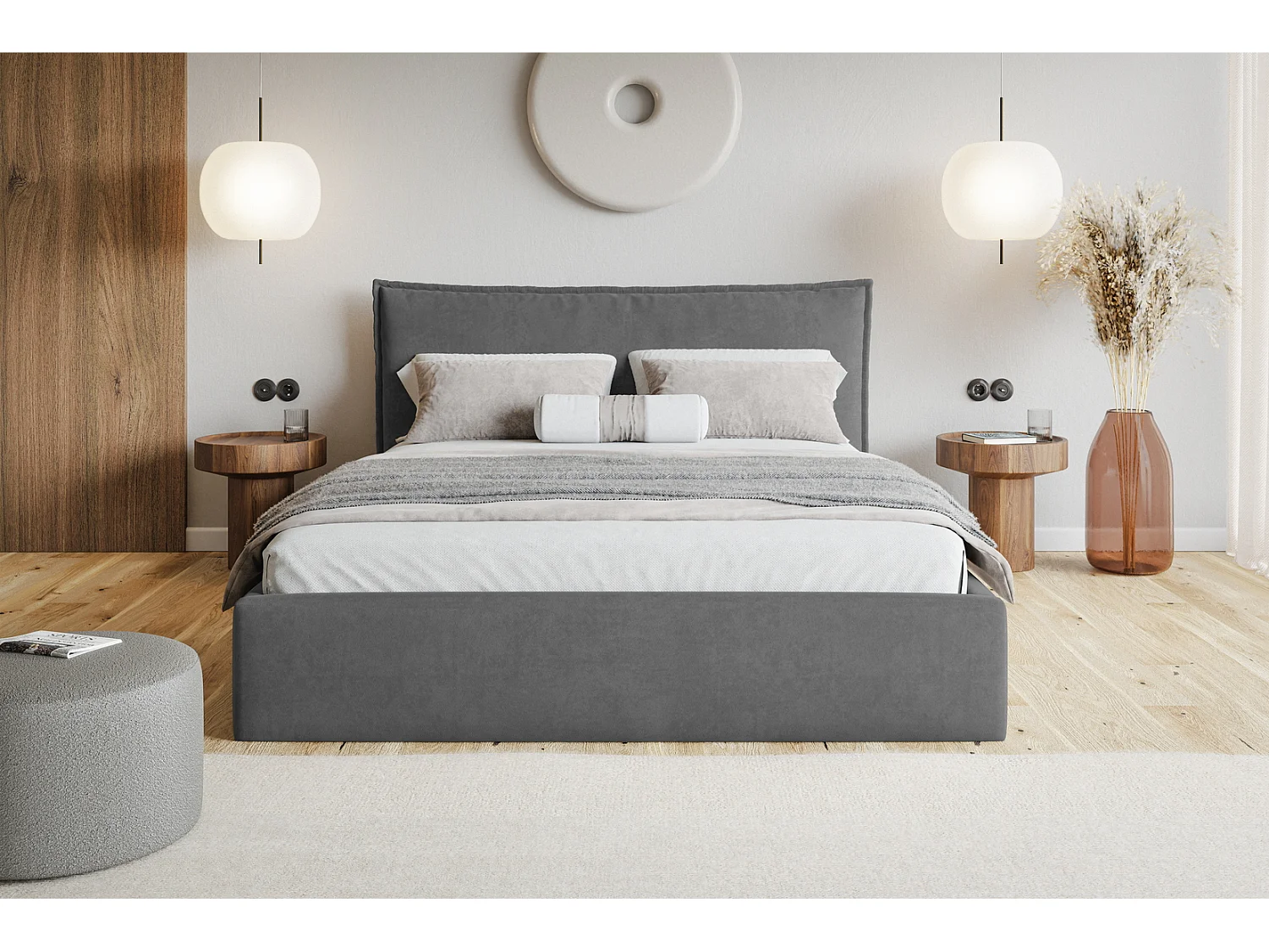 Doppelbett 180x200 Zenito Slim - Bettkasten, Kissen-Kopfteil, Lattenrost - Dunkelgrau (Amor Velvet 4321)