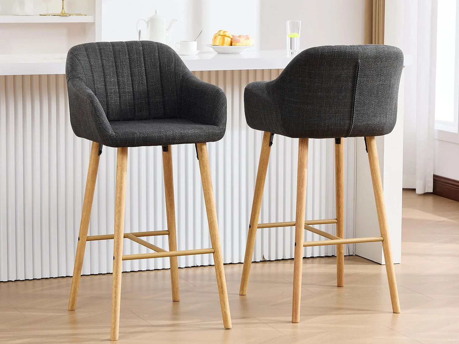 Tabouret de Bar avec Dossier et Accoudoirs - Pieds en Chêne, Assise en Lin - Hauteur Fixe 75 cm - Idéal pour Comptoir, Îlot de Cuisine, Bar