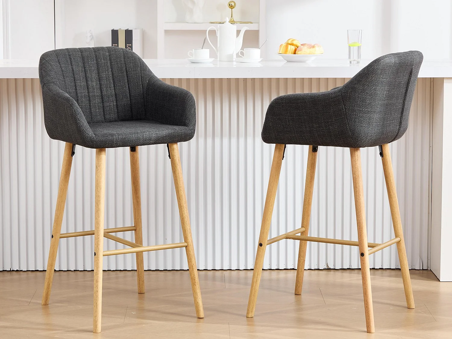 Tabouret de Bar avec Dossier et Accoudoirs - Pieds en Chêne, Assise en Lin - Hauteur Fixe 75 cm - Idéal pour Comptoir, Îlot de Cuisine, Bar