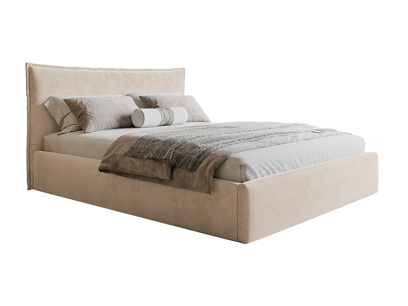 Bed 140x200 Zenito Slim met opbergruimte - hoofdbord in kussenvorm, lattenbodem - Beige (Amor Velvet 4304)