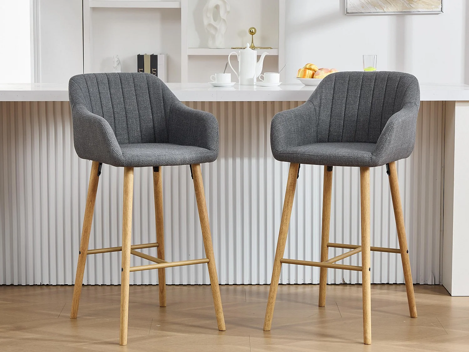 Tabouret de Bar avec Dossier et Accoudoirs - Pieds en Chêne, Assise en Lin - Hauteur Fixe 75 cm - Idéal pour Comptoir, Îlot de Cuisine, Bar