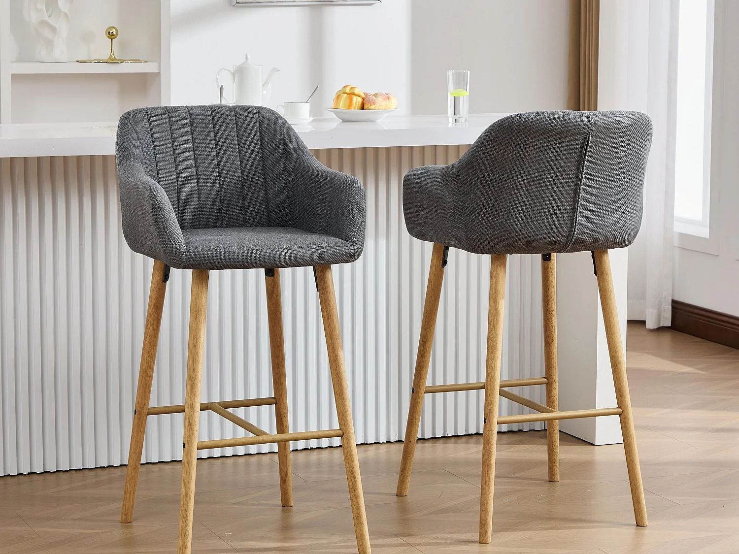 Tabouret de Bar avec Dossier et Accoudoirs - Pieds en Chêne, Assise en Lin - Hauteur Fixe 75 cm - Idéal pour Comptoir, Îlot de Cuisine, Bar