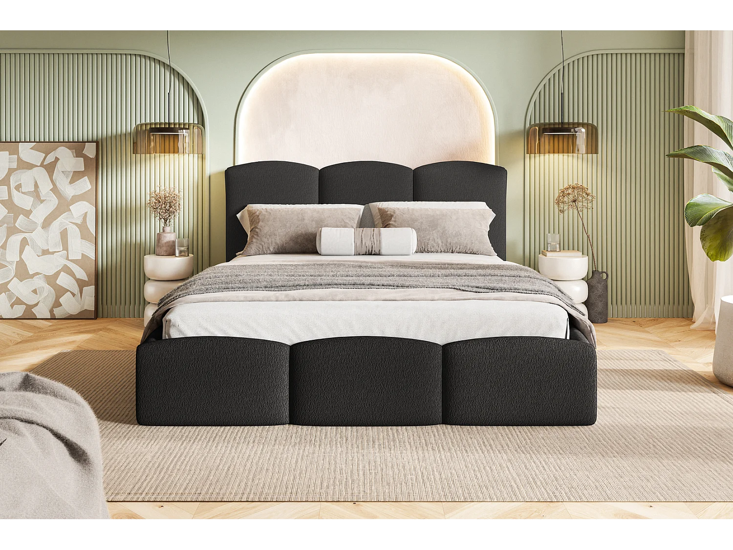 Polsterbett 180x200 Roma Slim mit Metall-Lattenrost - Bettkasten, Bouclé stoff, dickem Schaumstoff (Schwarz - Anthology 19)