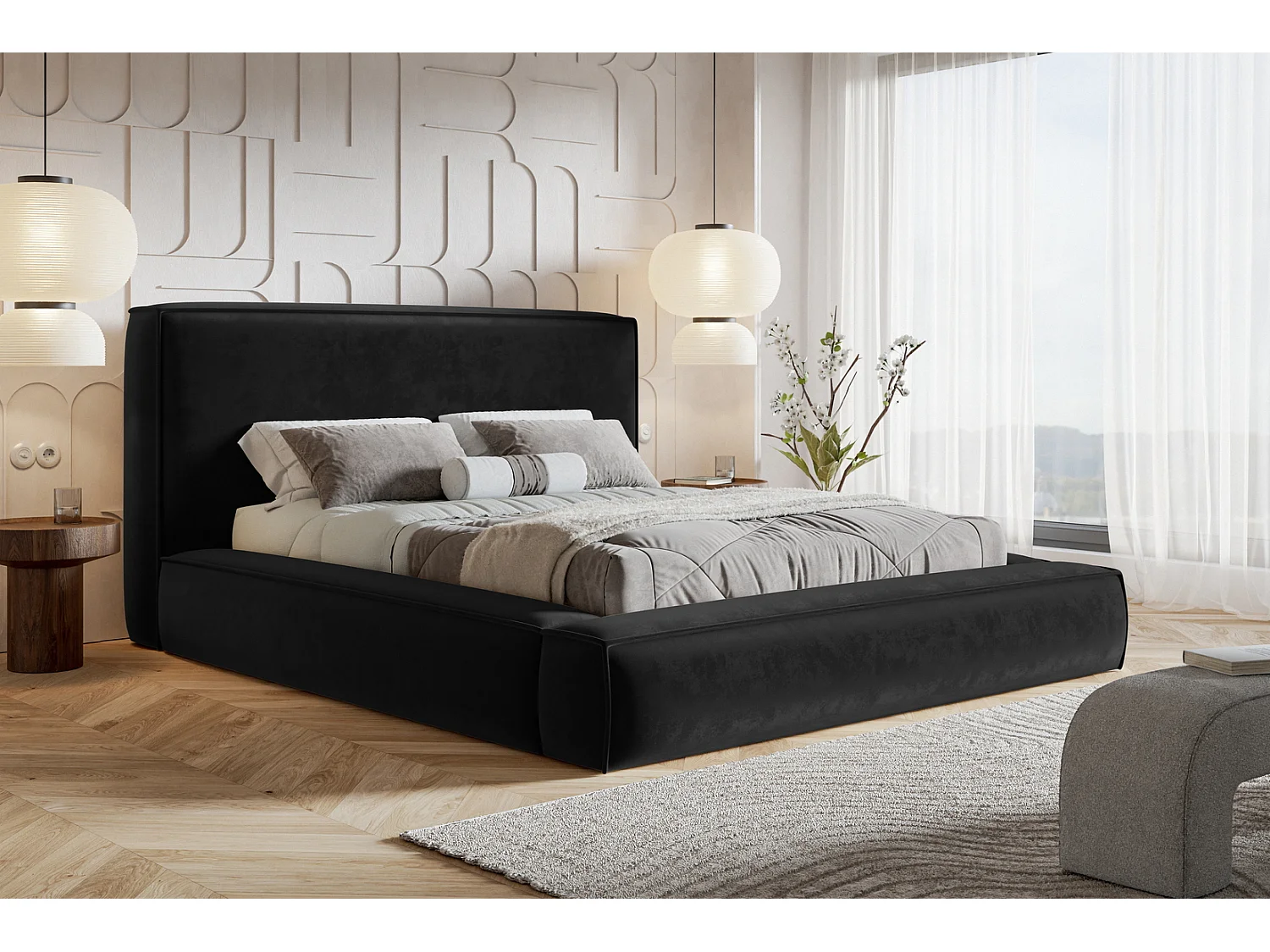 Polsterbett 160x200 Karano mit Metall-Lattenrost - Bettkasten, Samtstoff - Schwarz (Amor Velvet 4322)