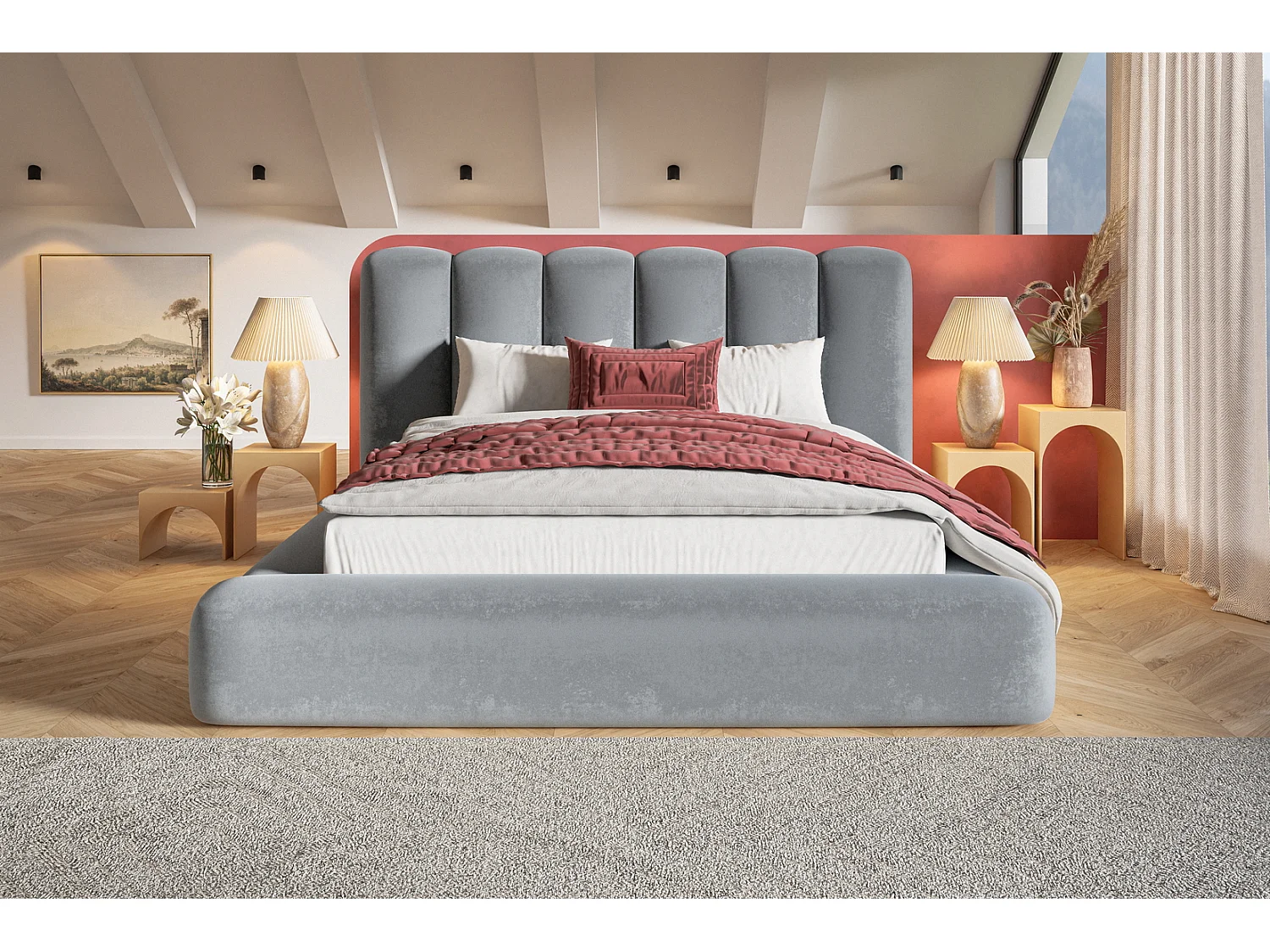 Polsterbett 140x200 Lumaro - Bettkasten, hochwertigem Schaumstoff, Lattenrost - Hellgrau (Amor Velvet 4318)