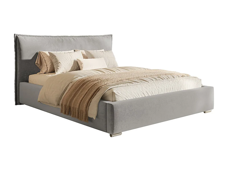 Tweepersoonsbed 160x200 Zenito met opbergruimte - hoofdbord in kussenvorm, metalen lattenbodem - Lichtgrijs (Amor Velvet 4318)