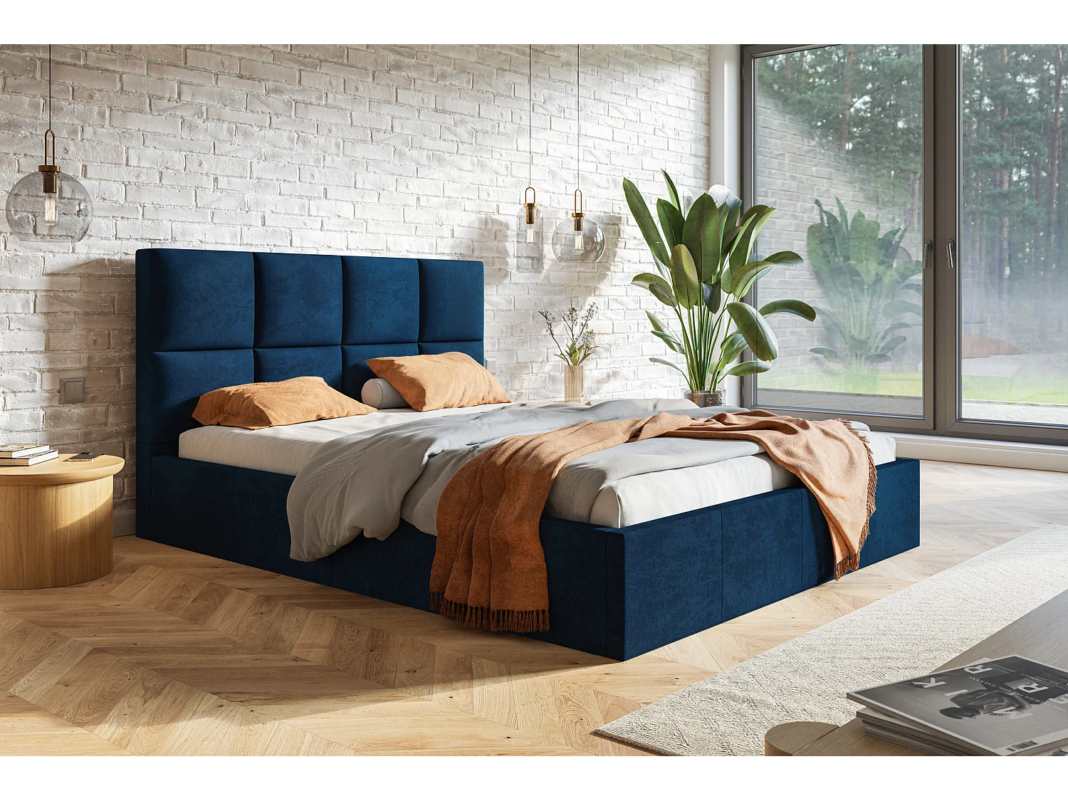 Gestoffeerd bed 140 x 200 Fado - tweepersoonsbed met opbergruimte, metalen lattenbodem - fluweel Blauw (Kronos 09)