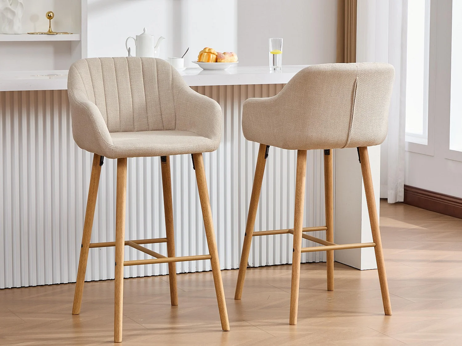 Barstoel met Rugleuning en Armleuningen - Poten van Eiken, Zitting van Linnen - Vaste Hoogte 75 cm - Ideaal voor Keukeneiland, Bar, Aanrecht