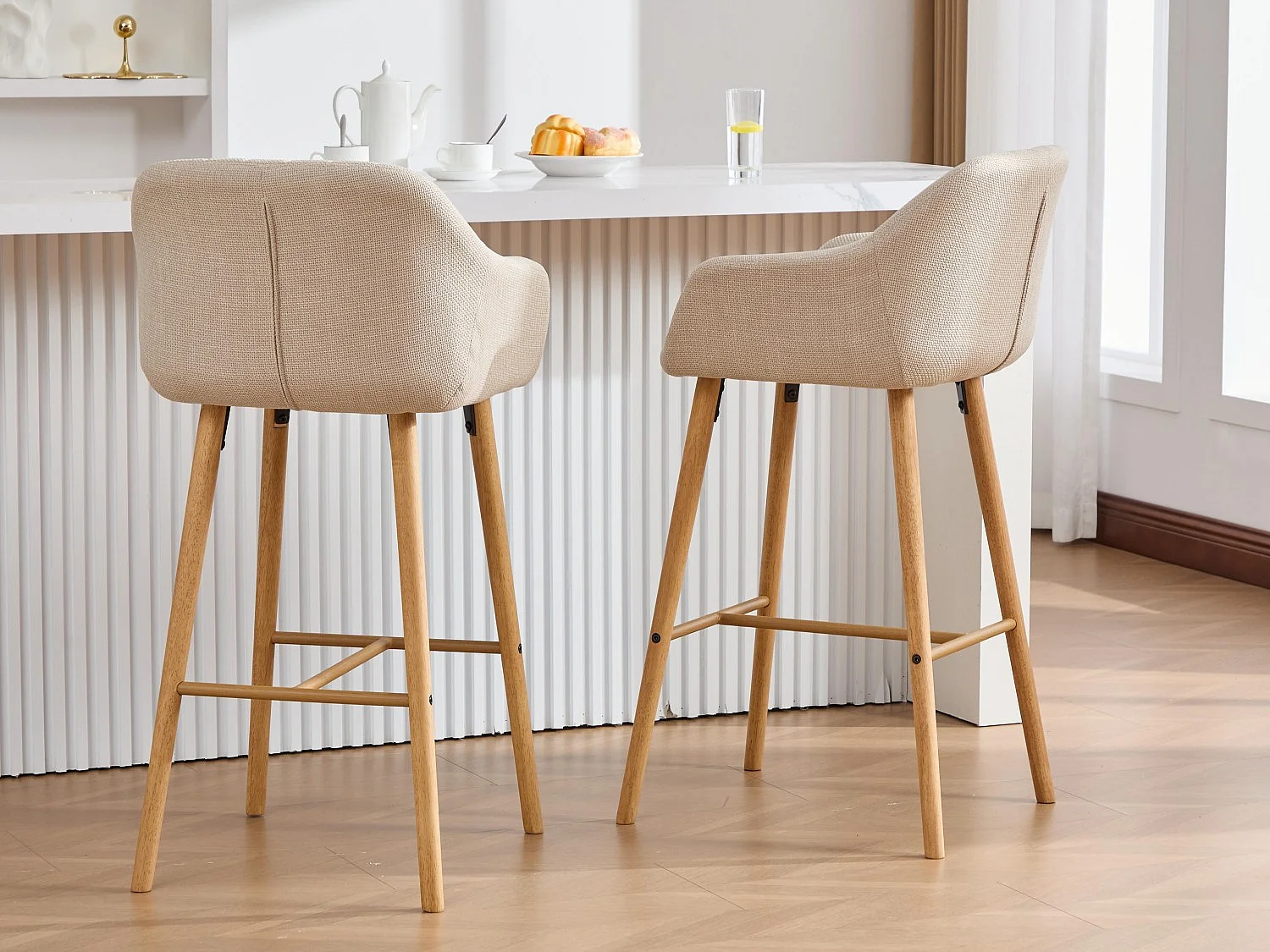 Barstoel met Rugleuning en Armleuningen - Poten van Eiken, Zitting van Linnen - Vaste Hoogte 75 cm - Ideaal voor Keukeneiland, Bar, Aanrecht