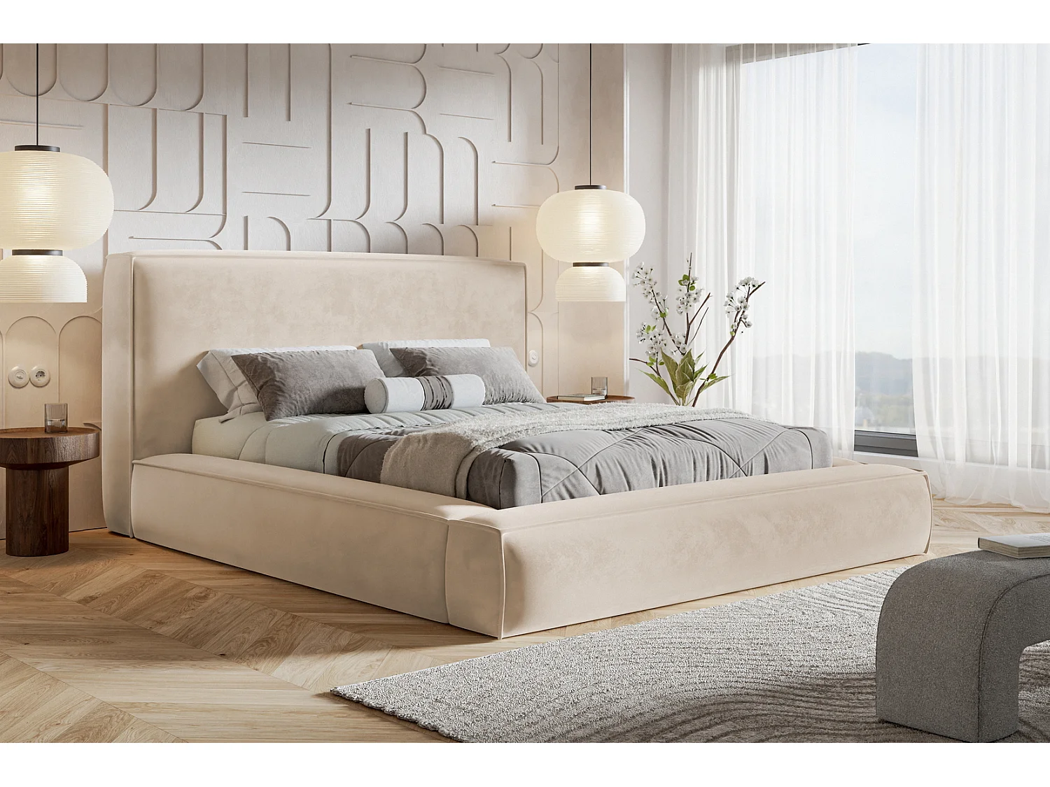 Gestoffeerd bed 140x200 Karano - fluweel, bed met opbergruimte, lattenbodem, Beige (Amor Velvet 4304)