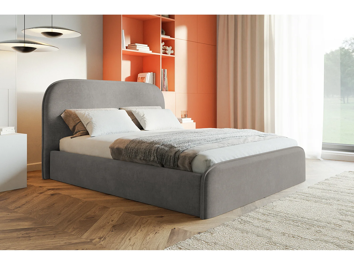 Tweepersoonsbed 200x200 Wendra met metalen lattenbodem - hoofdbord, opbergruimte - Lichtgrijs (Amor Velvet 4318)