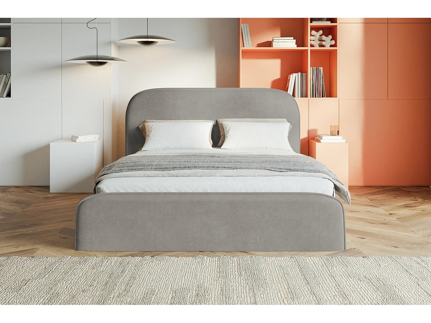 Tweepersoonsbed 200x200 Wendra met metalen lattenbodem - hoofdbord, opbergruimte - Lichtgrijs (Amor Velvet 4318)