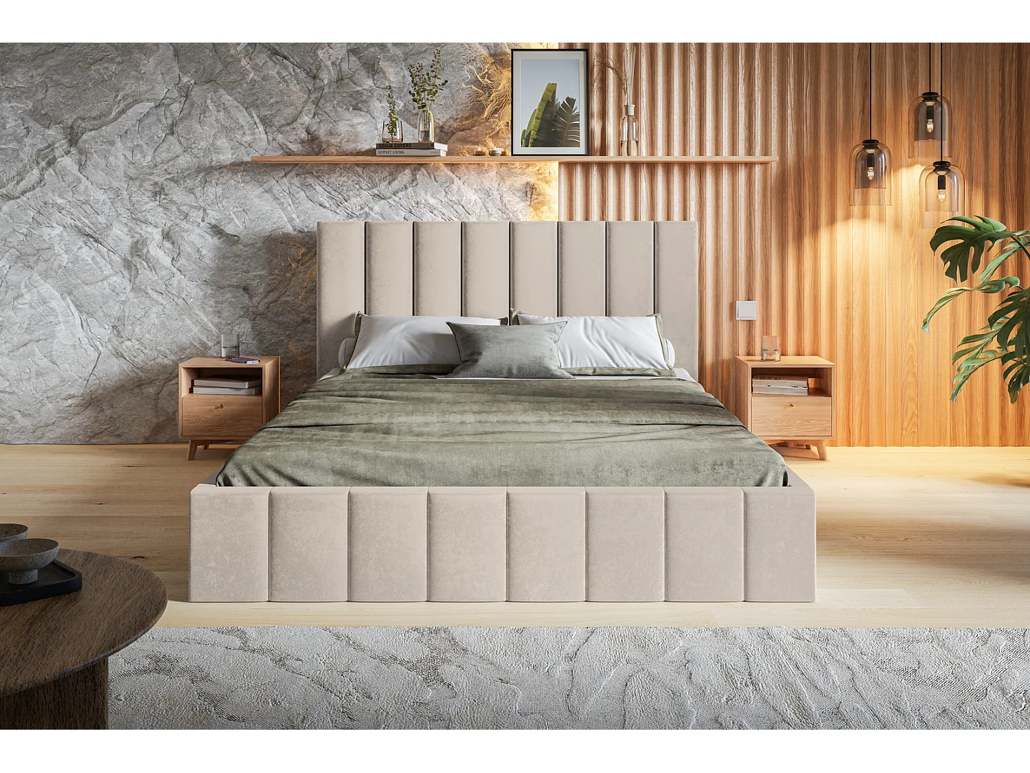 Tweepersoonsbed 160 x 200 cm Moris - bed met opbergruimte,  metalen lattenbodem - fluweel Beige (Jasmine 21)