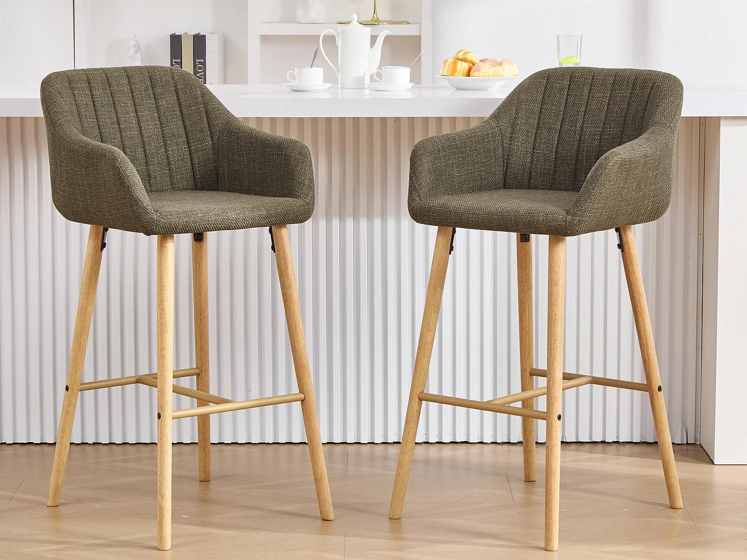 Tabouret de Bar avec Dossier et Accoudoirs - Pieds en Chêne, Assise en Lin - Hauteur Fixe 75 cm - Idéal pour Comptoir, Îlot de Cuisine, Bar