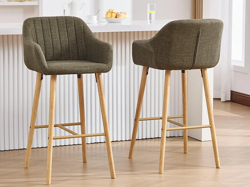 Tabouret de Bar avec Dossier et Accoudoirs - Pieds en Chêne, Assise en Lin - Hauteur Fixe 75 cm - Idéal pour Comptoir, Îlot de Cuisine, Bar