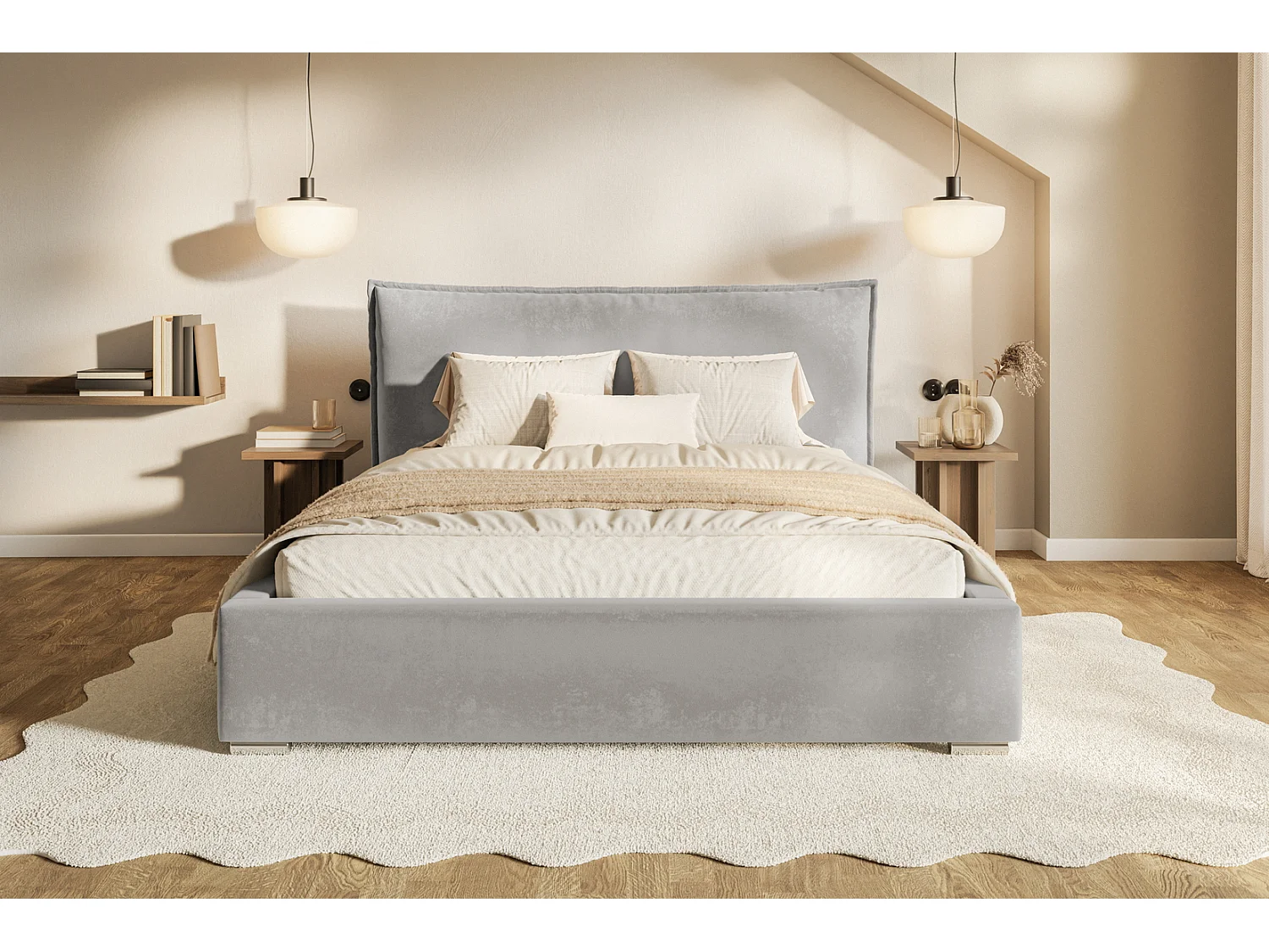 Tweepersoonsbed 140x200 Zenito met opbergruimte - hoofdbord in kussenvorm - Lichtgrijs (Amor Velvet 4318)