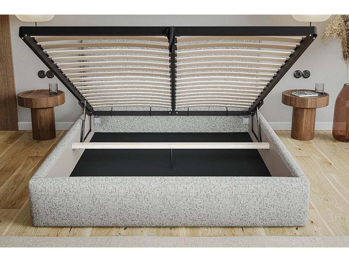 Bed 140x200 Zenito Slim met opbergruimte - hoofdbord in kussenvorm, metalen lattenbodem - Donkergrijs (Amor Velvet 4321)