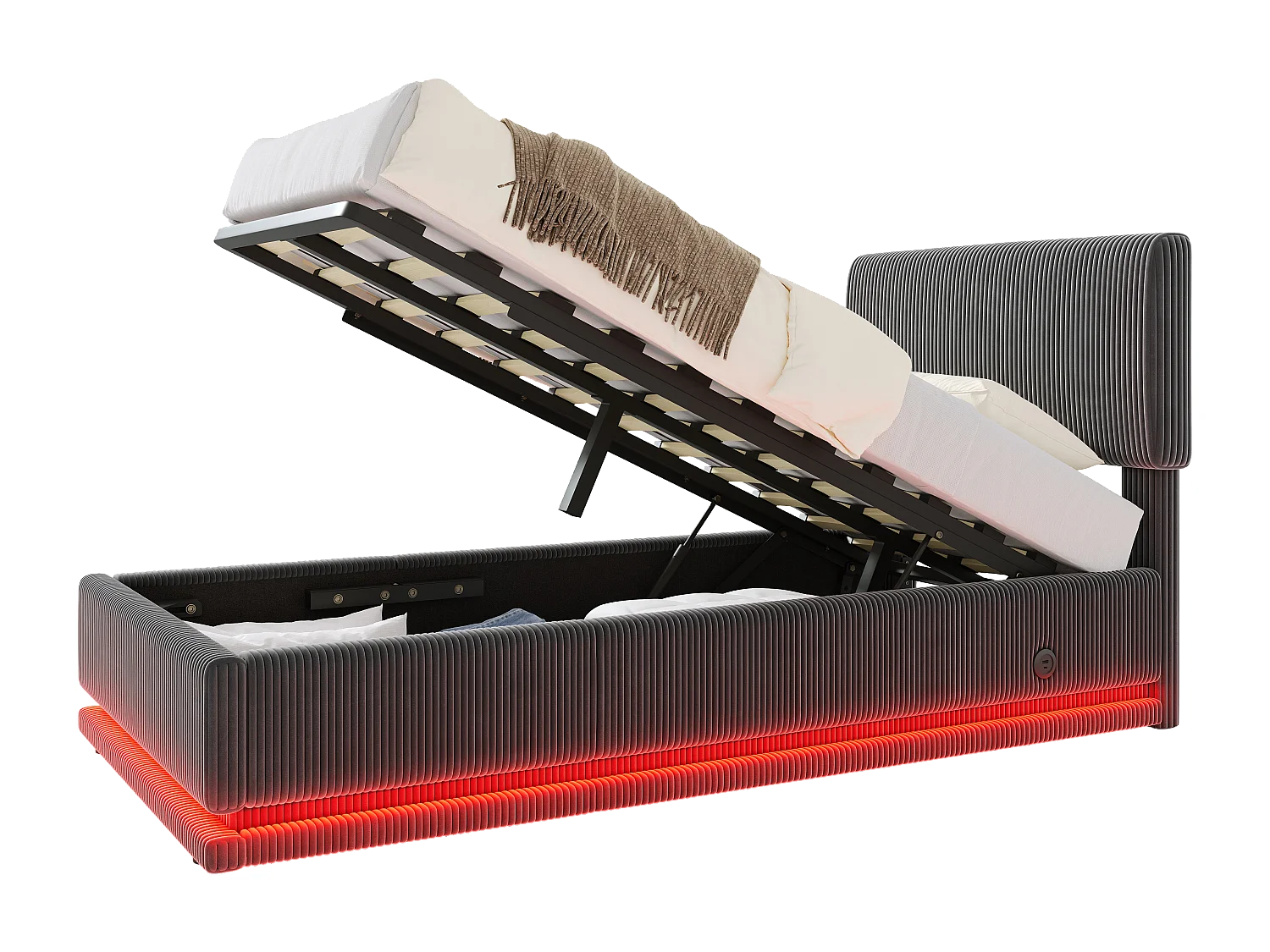 LUMA - Lit Coffre Rembourré 90x200 cm - Tête Réglable, LED, USB-C, Rangement - Velours Côtelé - Idéal Chambre à Coucher