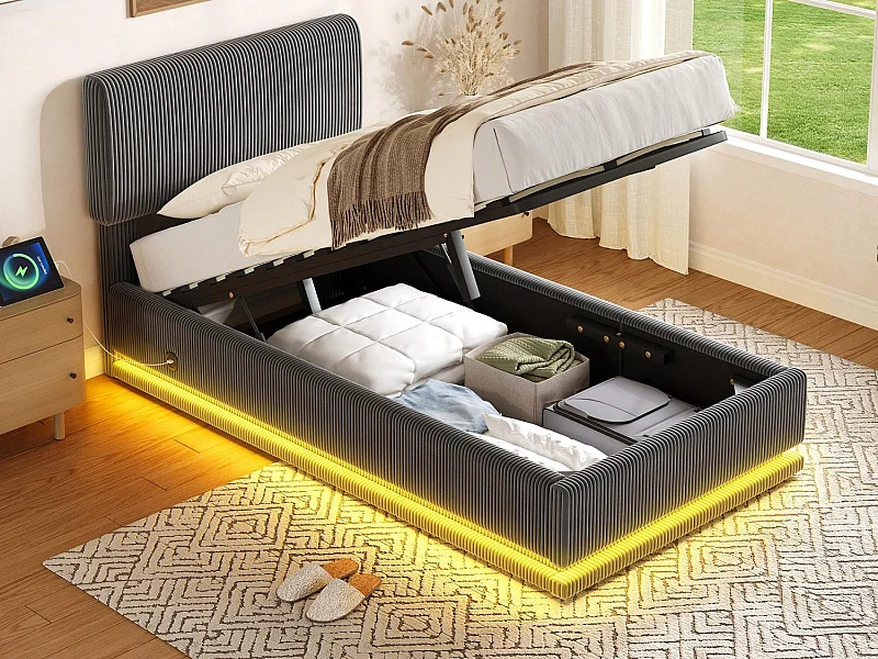 LUMA - Lit Coffre Rembourré 90x200 cm - Tête Réglable, LED, USB-C, Rangement - Velours Côtelé - Idéal Chambre à Coucher