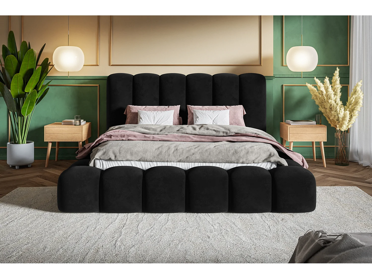 Gestoffeerd bed 160x200 Madeno - lattenbodem, opbergruimte - fluweel, Zwart (Amor Velvet 4322)