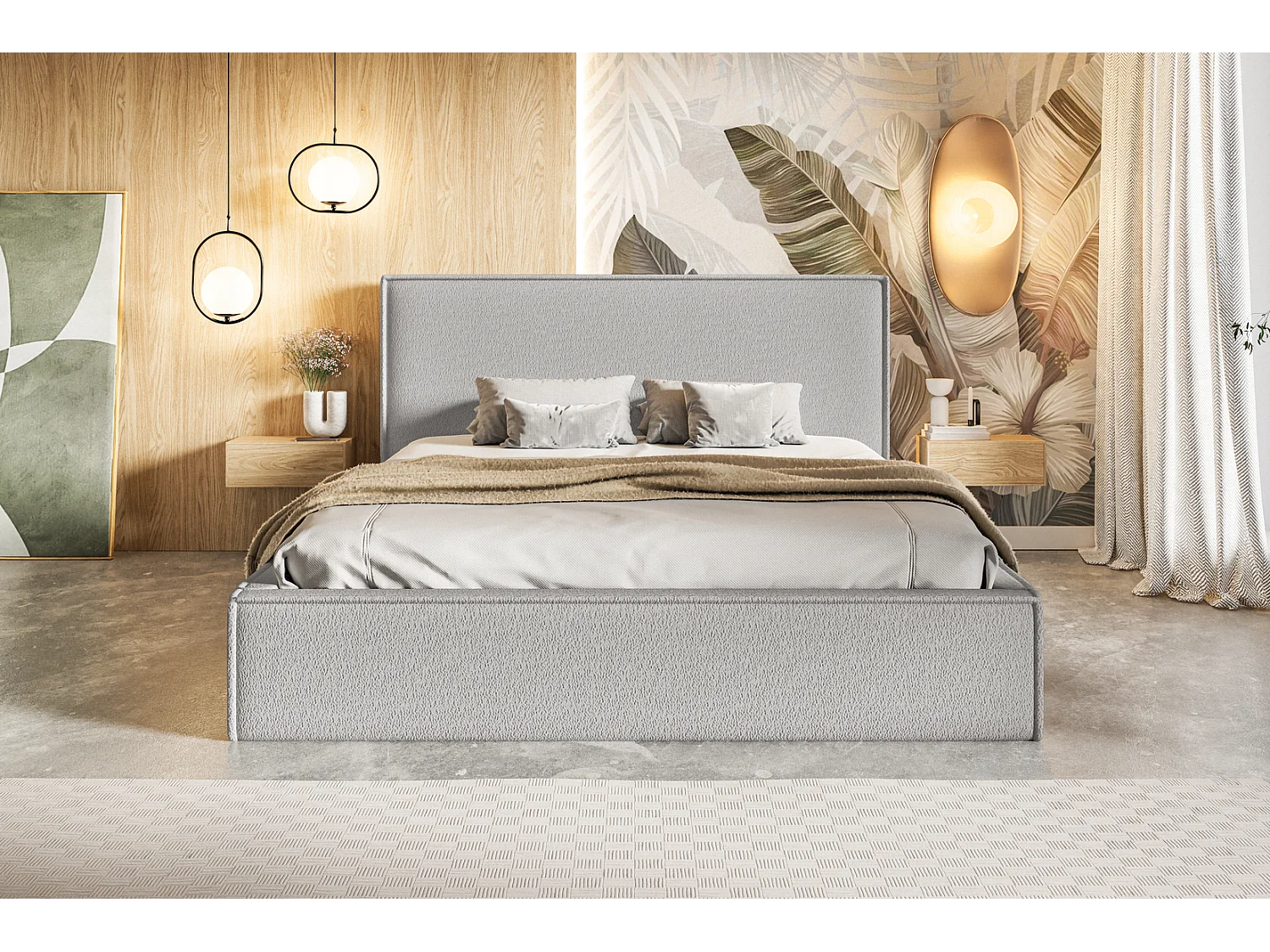 Gestoffeerd bed 200x200 Kyoto - tweepersoonsbed met opbergruimte metalen lattenbodem - Bouclé Lichtgrijs (Anthology 15)