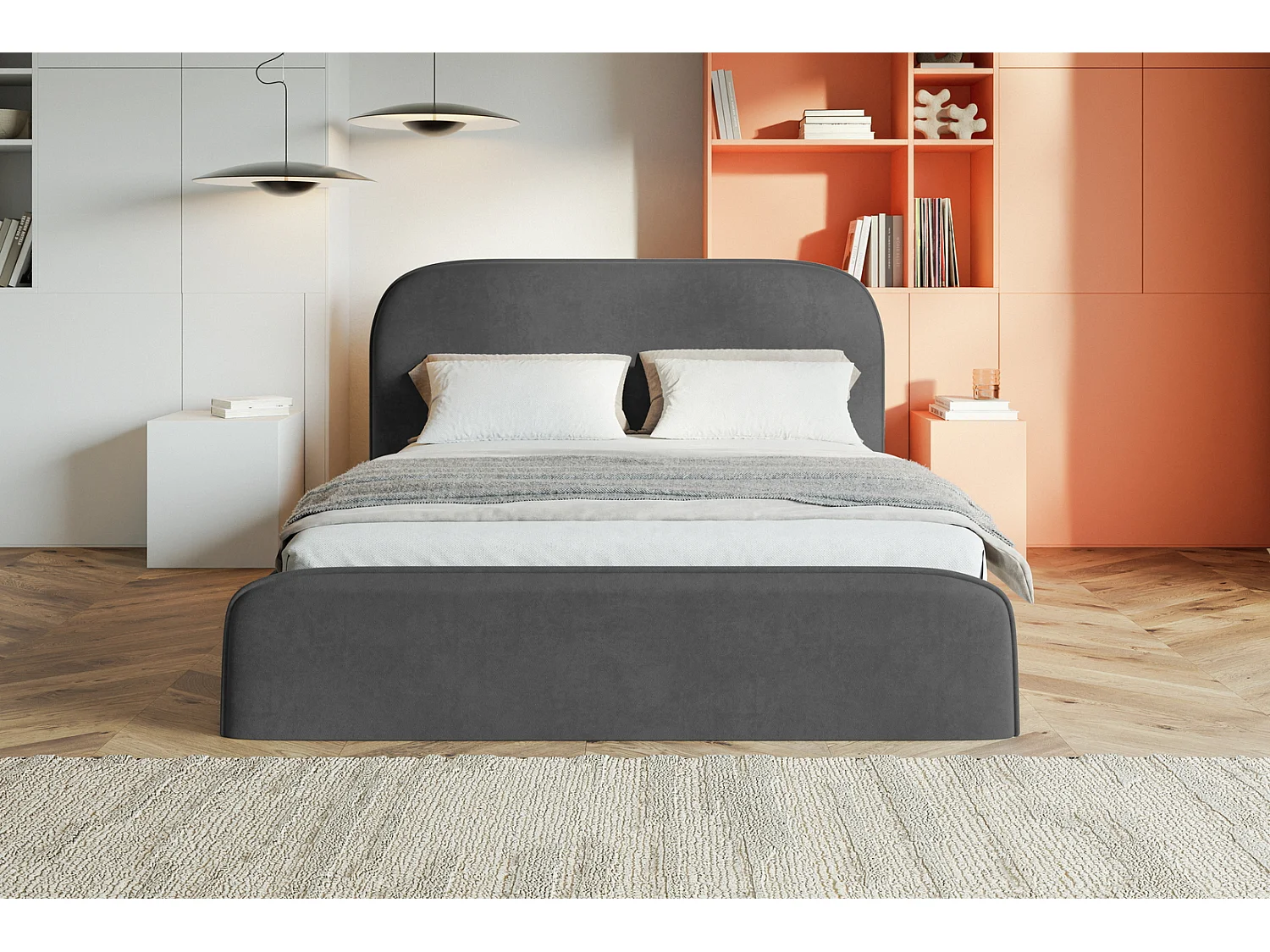 Tweepersoonsbed 140x200 Wendra met metalen lattenbodem - hoofdbord, opbergruimte - Donkergrijs (Amor Velvet 4321)