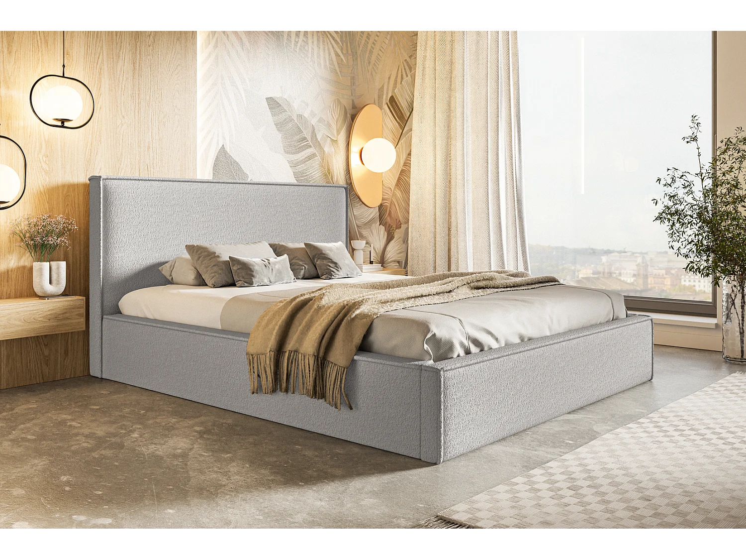 Gestoffeerd bed 180x200 Kyoto - tweepersoonsbed met opbergruimte metalen lattenbodem - Bouclé Lichtgrijs (Anthology 15)