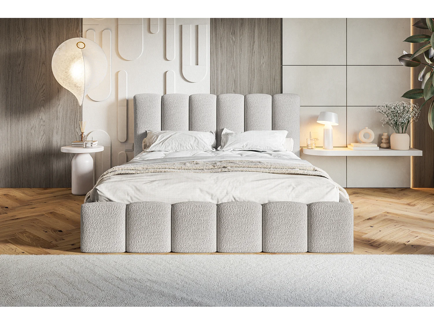 Gestoffeerd bed 140x200 Palermo met metalen lattenbodem - opbergruimte, Bouclé Lichtgrijs (Anthology 15)