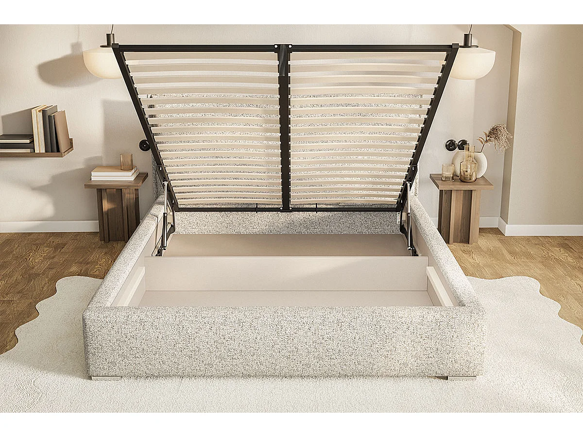 Tweepersoonsbed 200x200 Zenito met opbergruimte - hoofdbord in kussenvorm, metalen lattenbodem - Lichtgrijs (Amor Velvet 4318)