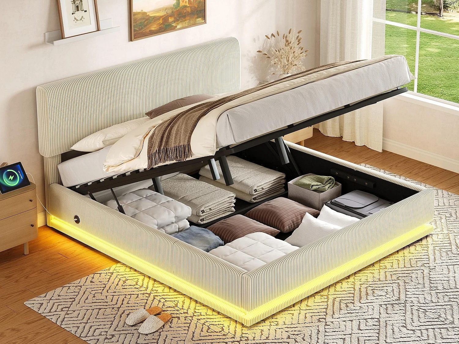 LUMA - Lit Coffre Rembourré 140x200 cm - Tête Réglable, LED, USB-C, Rangement - Velours Côtelé - Idéal Chambre à Coucher